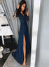A Line V Neck Long Sleeves Chiffon Appliques Prom Dress with Slit LBQ3788
